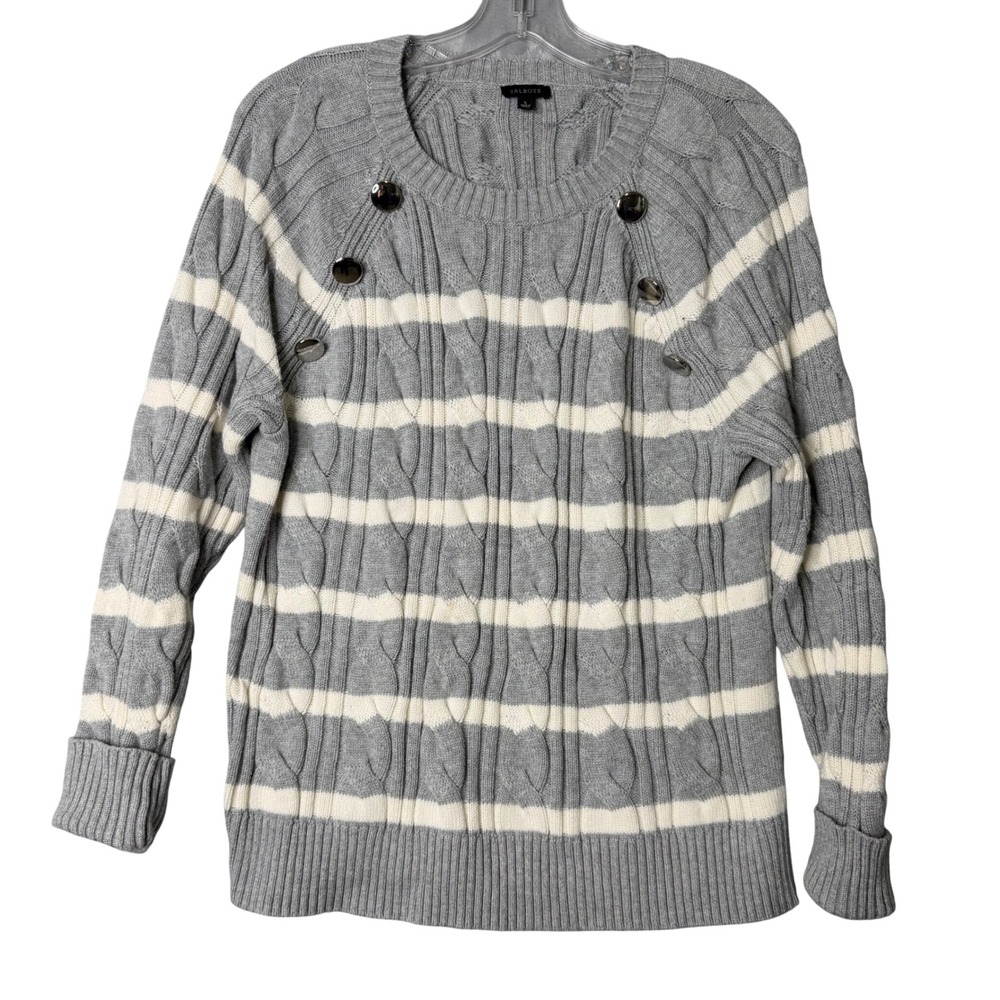 Talbots Cable Knit Crewneck Sweater Breton Strip Womens‎ L Grey Jumper Pullover